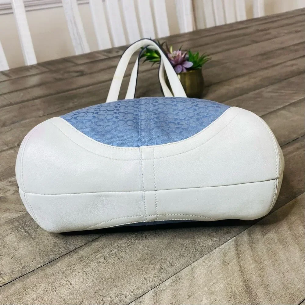 Coach Blue Canvas White Leather Trim Double Handles Shoulder Bag - Picture 6 of 10
